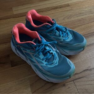 Hoka One One Clifton 3 Trainers Blue Coral Orange Running Sneakers Womens Size 7